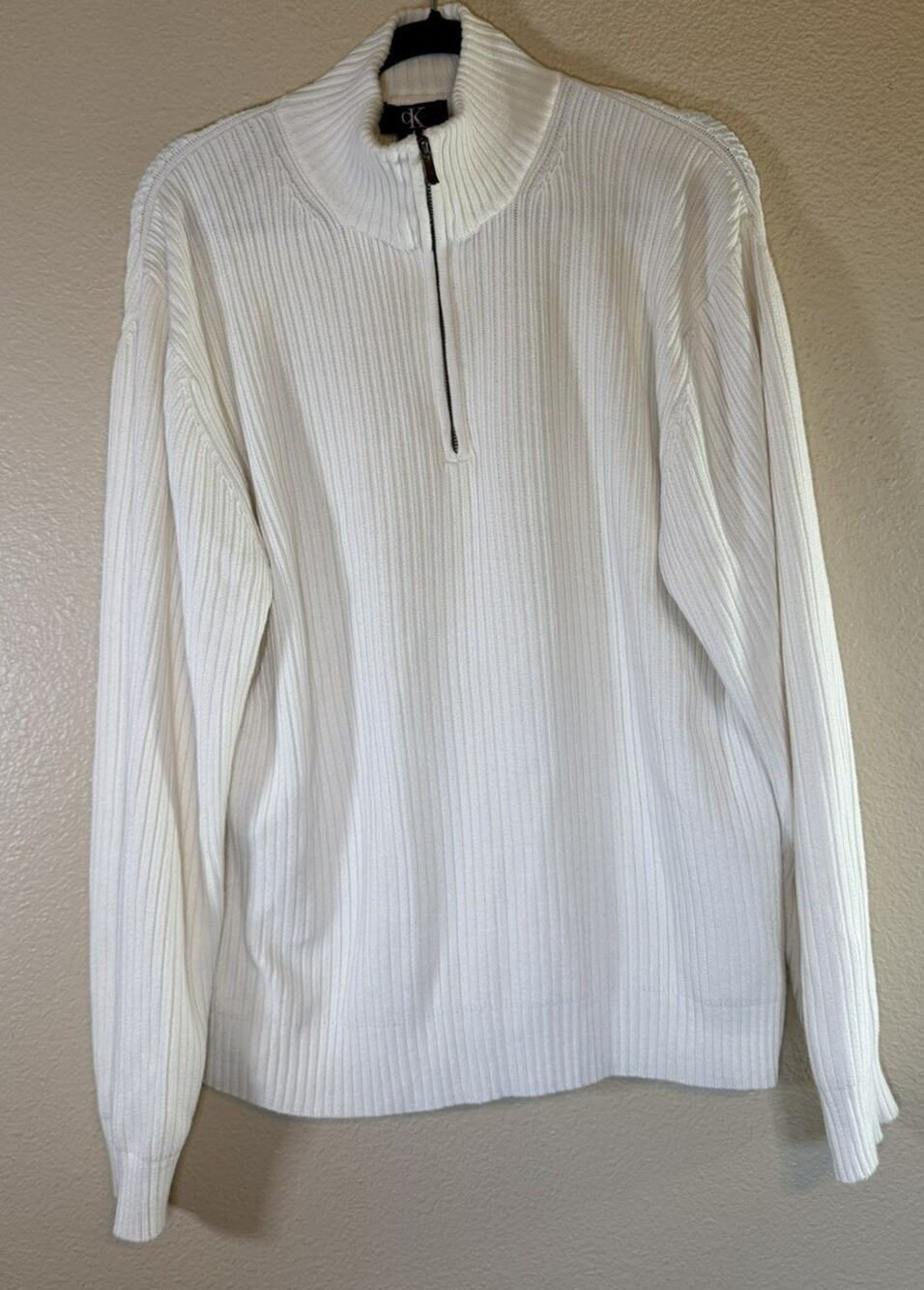 Calvin Klein Mens Large Ivory Ribbed 100% Cotton Quarter Zip Mock Neck Sweater